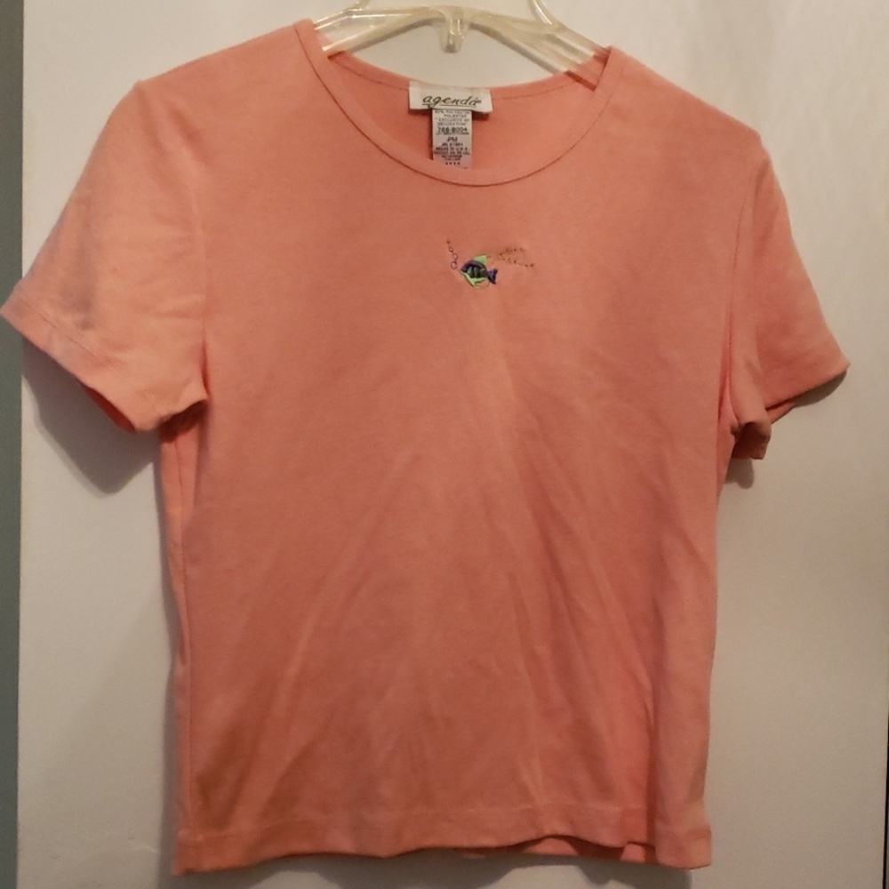 Peach Scoop Neck Shirt With Embroidered Fish